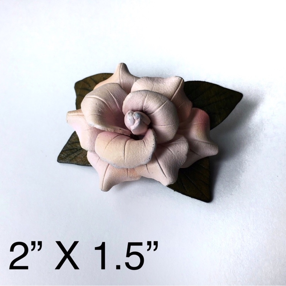 Hand Crafted Handmade Leather Pink Rose Flower Brooch Pin Signed